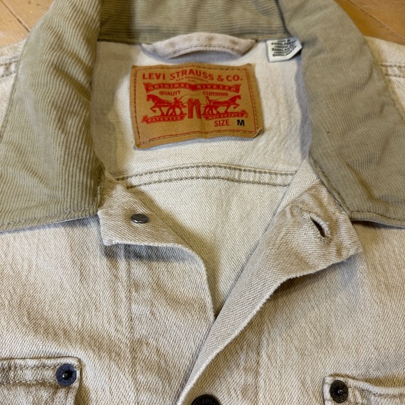 Levis Premium Stock Trucker Jacket Mens Small Khaki Corduroy Collar Cotton Blend - Picture 10 of 15